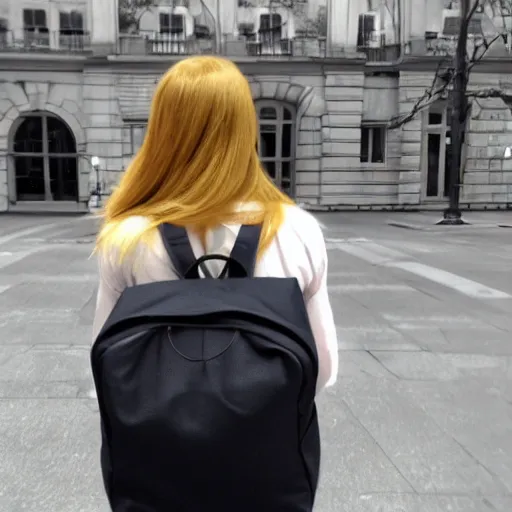 Prompt: back of blonde woman wearing backpack, hyper realistic