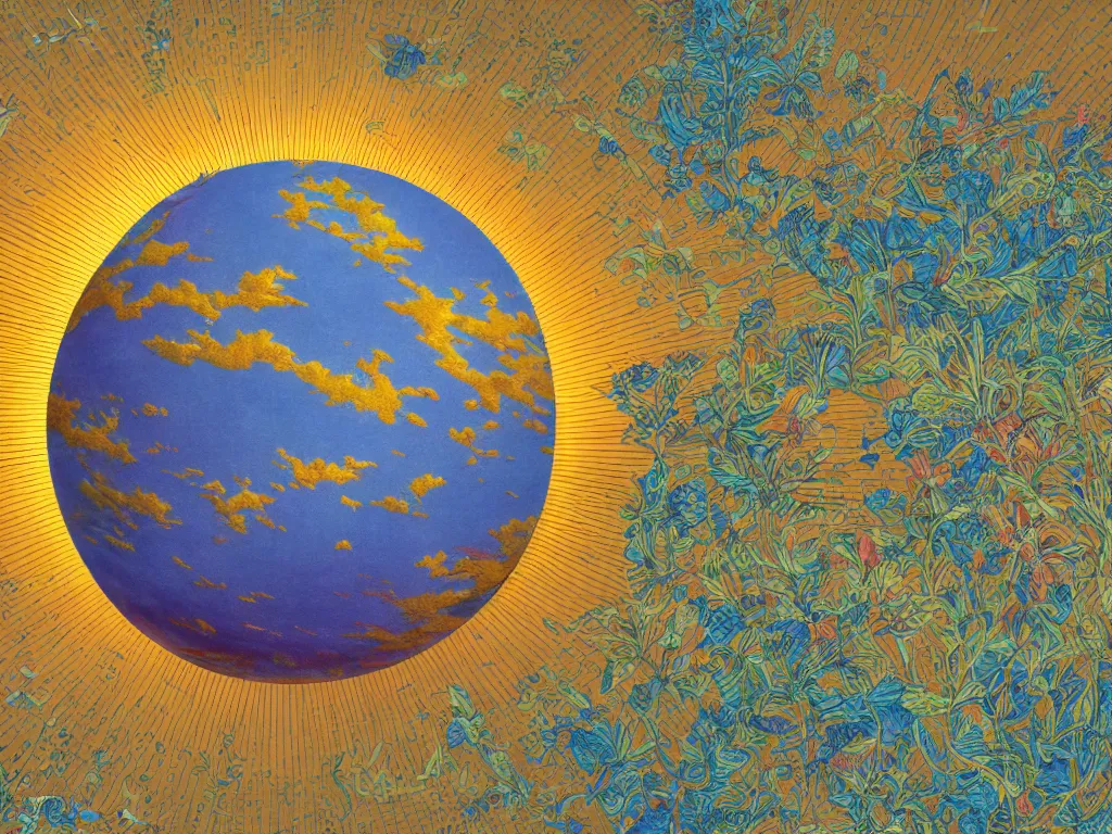 Image similar to sunlight study, the universe is a spheroid region 7 0 5 meters in diameter, art nouveau, by maria sibylla merian and ( ( ( ( ( lisa frank ) ) ) ) ), 8 k, sharp focus, octane render, kauai