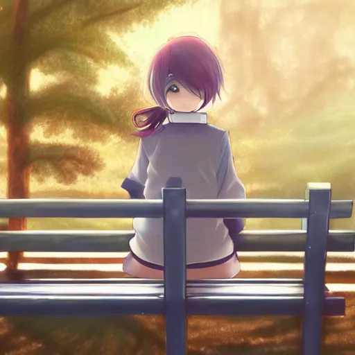 Prompt: an anime girl sitting on a bench at a park, trending on pixiv, detailed, anime, pastel colors, dramatic lighting, by kawacy