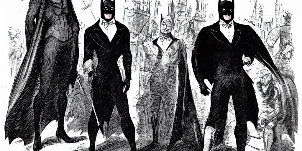 Prompt: batman wearing clothes in the style of directoire style, photograph, grinning, creepy,