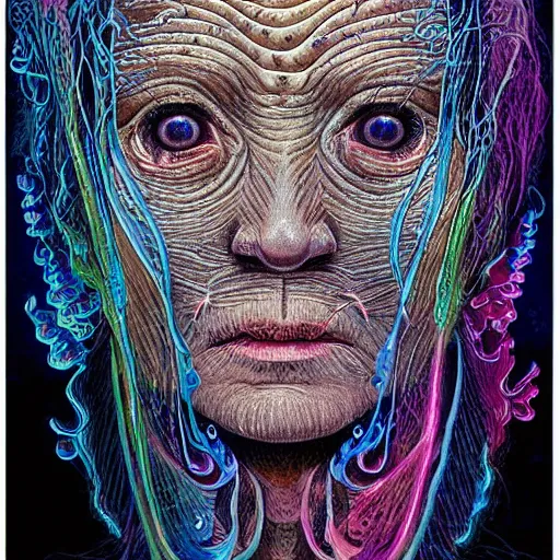 Prompt: dark underwater portrait of one Bioluminescent old woman, with cracked reaction diffusion semi-transparent skin. multicolored fish scales, face closeup. long dark hair. realistic. with many jellyfishes. intricate, very detailed, illustration, by alex grey and Moebius