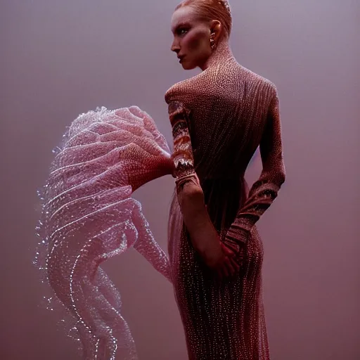 Image similar to Fashion photography of a woman wearing a dress inspired by a jellyfish, artistic photography, insanely detailed, chiaroscuro, cinestill 800t, Vogue magazine