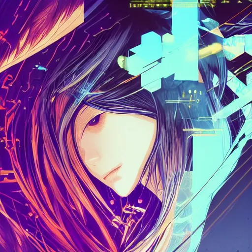 Image similar to Frequency indie album cover, luxury advertisement, blue filter, blue and black colors. Clean and detailed post-cyberpunk sci-fi close-up schoolgirl in asian city in style of cytus and deemo, blue flame, relaxing, calm and mysterious vibes, by Tsutomu Nihei, by Yoshitoshi ABe, by Ilya Kuvshinov, by Greg Tocchini, nier:automata, set in half-life 2, GITS, Blade Runner, Neotokyo Source, Syndicate(2012), dynamic composition, beautiful with eerie vibes, very inspirational, very stylish, with gradients, surrealistic, dystopia, postapocalyptic vibes, depth of field, mist, rich cinematic atmosphere, perfect digital art, mystical journey in strange world, beautiful dramatic dark moody tones and studio lighting, shadows, bastion game, arthouse