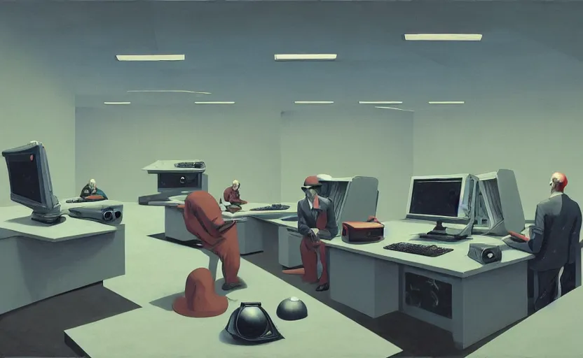 Prompt: Inside CIA bunker room with computers, highly detailed, very coherent, painted by Francis Bacon and Edward Hopper, Wayne Barlowe, painted by James Gilleard, surrealism, airbrush, art by JamesJean