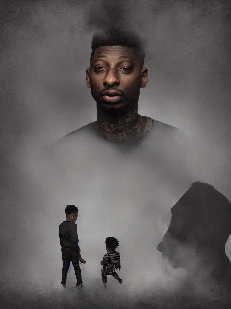 Image similar to fatherhood, 2 1 savage, illustration, concept art, dramatic lighting, emotional, blunt borders, rule of thirds