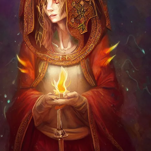 Image similar to ( a priestess with a hood that covers half her face carries an incense burner that emits a pleasantly colored flame. ) by anato finnstark, dream, full body portrait, dynamic lighting, beautiful, trending on artstation, wallpaper, 4 k, award winning, digital art, very detailed faces