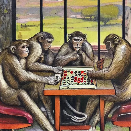 Prompt: by james stokoe tranquil. a beautiful assemblage of a group of monkeys playing backgammon. the monkeys are seated around a table, with some of them appearing to be deep in concentration while others appear to be playing more casually.