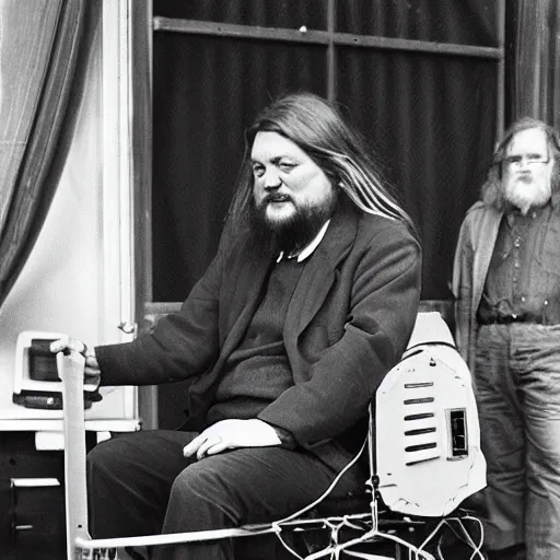 Prompt: robert wyatt hooked up to an electric chair