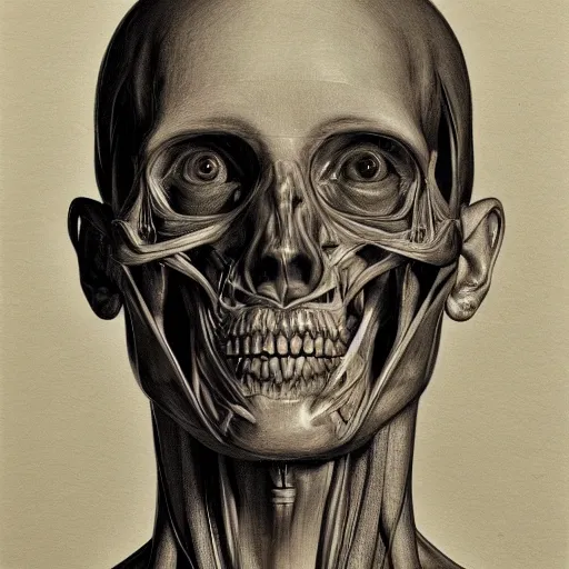 Prompt: anatomical study of human face, symmetrical, detail rendering, smooth shading, deep contrasts, traditional art