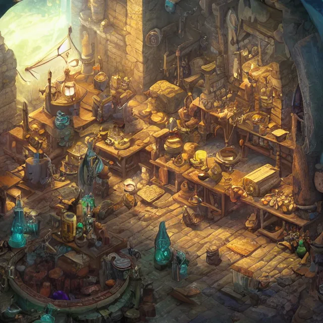 Image similar to a digital painting of a cluttered isometric fantasy medieval alchemist's laboratory by justin gerard, paul bonner, highly detailed, volumetric lighting, digital art, isometric, artstation hd