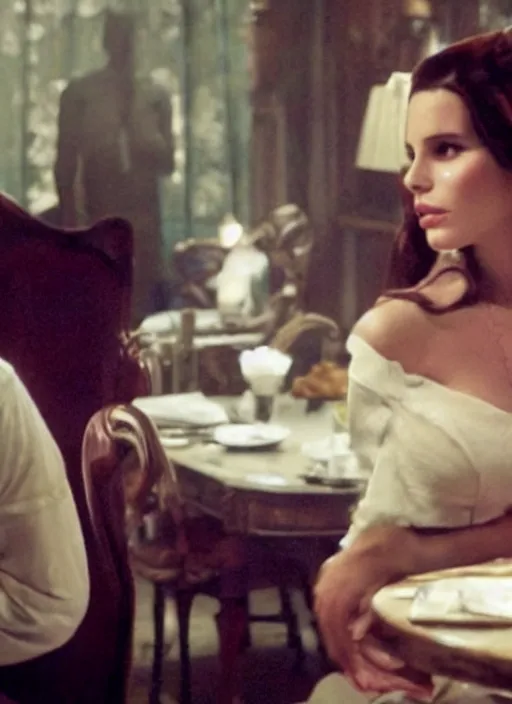 Prompt: movie still of a lana del rey with a very big bust sitting at a table with johnny depp, smooth white skin, directed by Quintin Tarantino