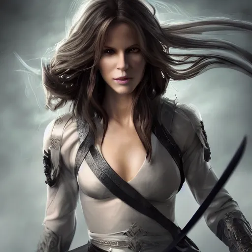 Image similar to kate beckinsdale as a swordswoman, by li didivi, by yun ling, by shal. e, grim expression, unreal engine, octane rendering, 8 k, closeup, full body, smooth, trending on artstation, digital illustration, grey hair