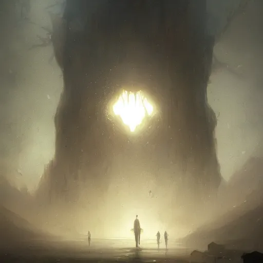 Image similar to a beautiful terrifying immense pale humanoid giant looms over a tiny human. ethereal horror fantasy art by greg rutkowski