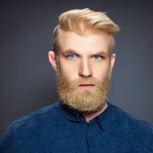 Image similar to photograph of a blond male, middle aged balding superhero, with dark blue eyes, very pale skin and a blond full beard