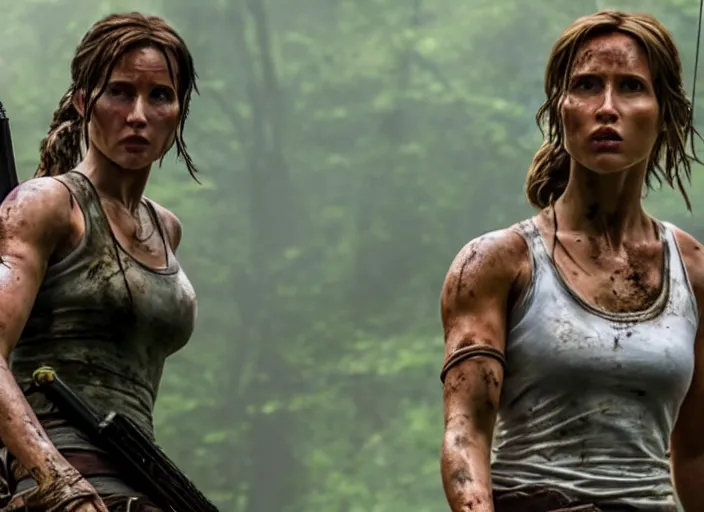 Prompt: film still of!!!! daisy edgar - jones!!! as lara croft in new tomb raider movie, 8 k