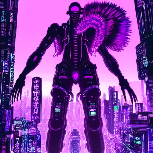 Image similar to Giant Purple Amethyst in cyberpunk neon Tokyo in style of Tsutomu Nihei. Cyberpunk, vertical symmetry, 8K, Highly Detailed, Intricate.