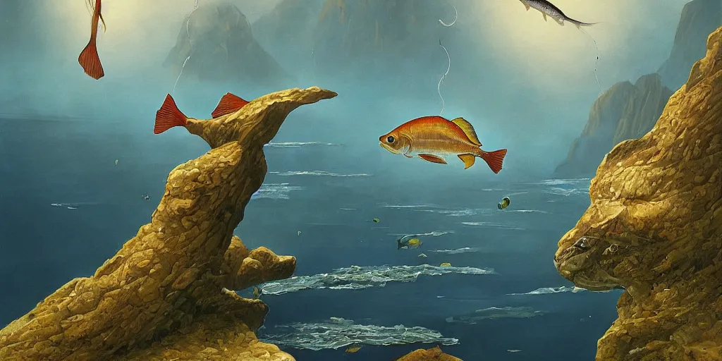 Image similar to A fish jumping out of water in the bay of kotor, by Vladimir Kush, Mark Arian