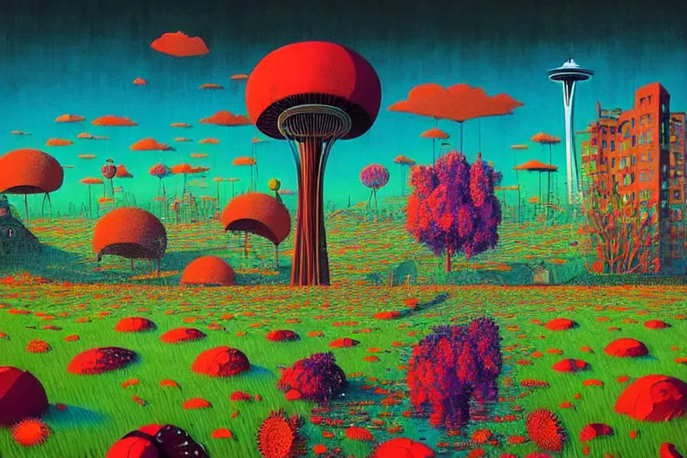 Prompt: surreal glimpse into other universe, seattle, summer morning, very coherent and colorful high contrast, art by!!!! gediminas pranckevicius!!!!, geof darrow, floralpunk screen printing woodblock, dark shadows, hard lighting, stipple brush technique,