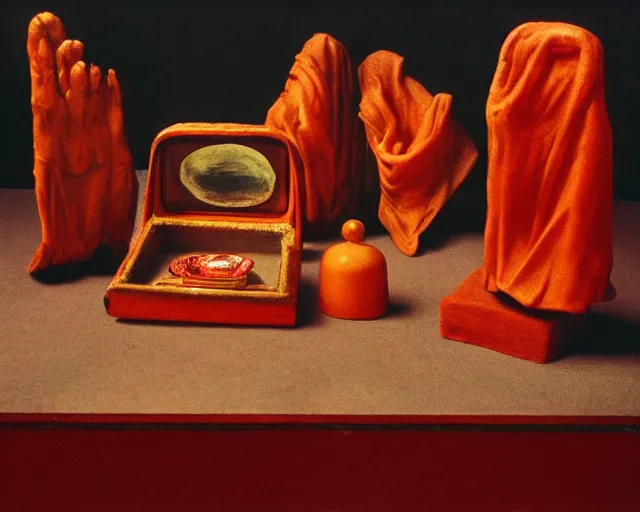 Prompt: by francis bacon, vivian maier, mystical redscale photography evocative. religious relics of the scarlet woman, displayed on an altar, luxury, opulence