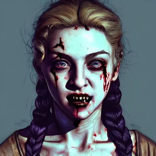 Prompt: young madonna ciccone as a zombie, 7 days to die zombie, fine art, award winning, intricate, elegant, sharp focus, cinematic lighting, highly detailed, digital painting, 8 k concept art, art by guweiz and z. w. gu, masterpiece, trending on artstation, 8 k