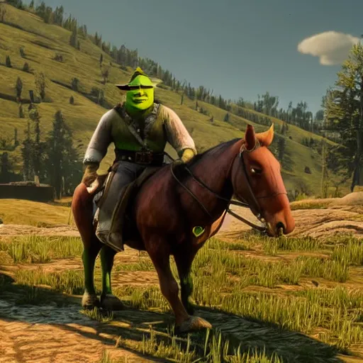 Prompt: gameplay footage of Shrek in red dead redemption 2