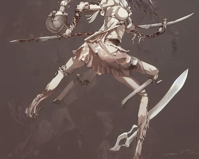 Image similar to anime girl warrior fighting a skeleton confident pose, intricate, elegant, sharp focus, illustration, highly detailed, concept art, matte, trending on artstation, anime, art by james jean and artgerm and brian despain and alberto mielgo, greg rutkowski, wlop, ilya kuvshinov, strong strokes
