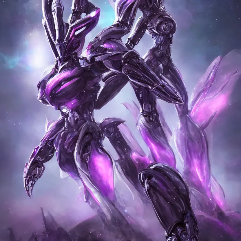 Image similar to cinematic front shot, cosmic sized proportional stunning beautiful hot female warframe, detailed robot mecha female dragon head, metal ears purple eyes, sleek silver armor, fuschia skin, floating in empty space, nebula sized, posing elegantly, epic proportions, epic size, epic scale, furry art, dragon art, giantess art, warframe fanart, furaffinity, deviantart