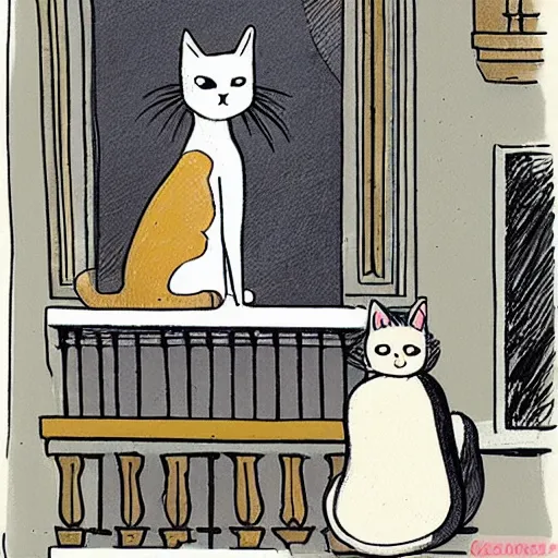 Image similar to a cat resting peacefully on a city balcony, old cartoon