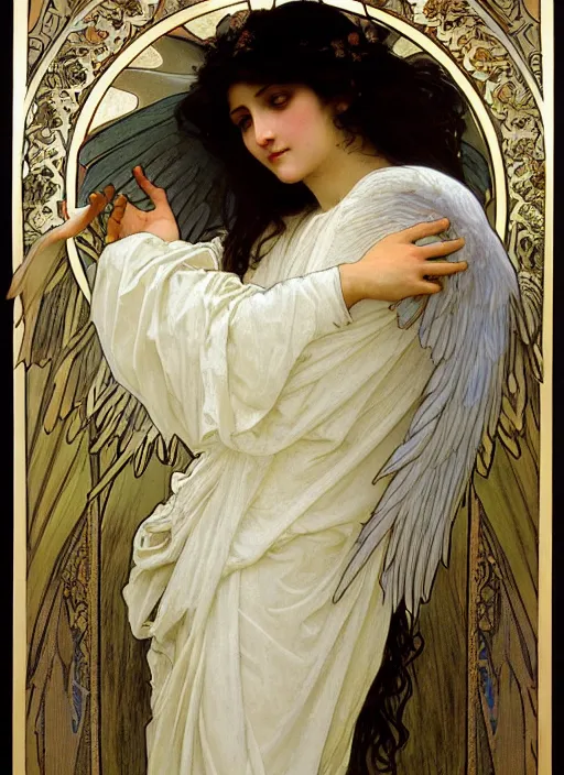 Image similar to painting of a beautifully robed angel with huge white feather wings, intricate, elegant, hyperdetailed, by alphonse mucha and william - adolphe bouguereau and john william waterhouse