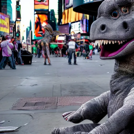 Image similar to barney the dinosaur homeless begging for fentanyl in times square, ultra detailed, 8 k, photorealism, rule of thirds, cracked textures.