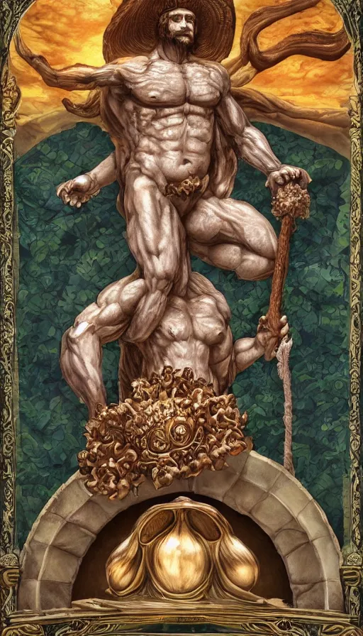 Prompt: a masterpiece hyperdetailed dnd tarot card, magnificent mushroom deity as depicted in a colossal greek marble statue ( with godlike bodybuilder physique ), hd tarot card depicting monumental statue of a mushroom god with cute large mushroom hat, hdr, 8 k, artstationhq, digital art