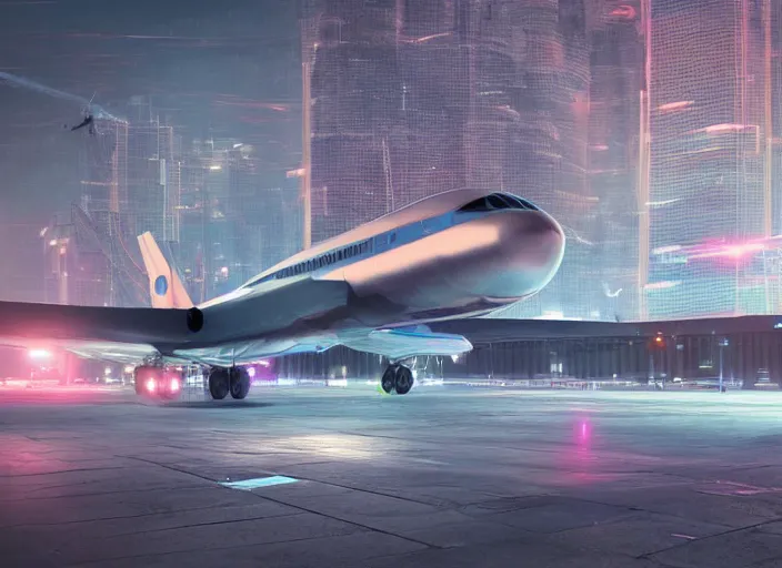 Image similar to immense futuristic jet plane arrives at runway of cyberpunk airport at night ,cinematic lighting, concept art