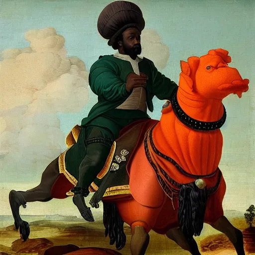 Image similar to photograph of a black man with afro hair wearing an army green adidas jacket riding an orange colored bull!!, renaissance style painting