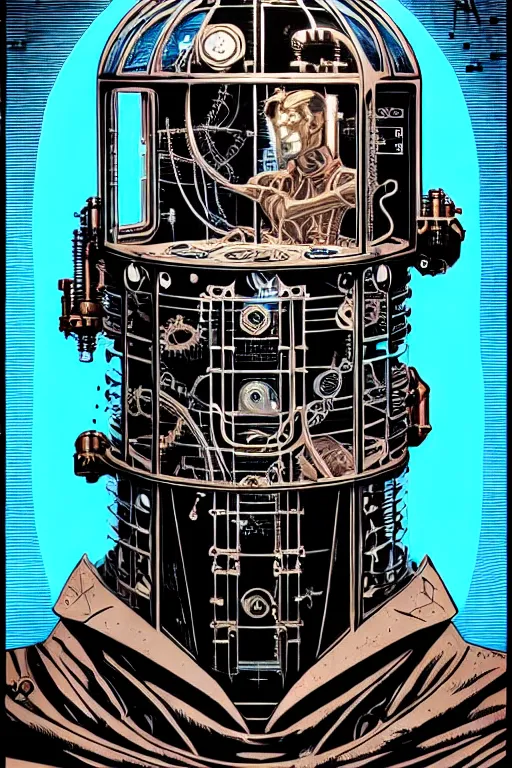 Prompt: steampunk cryo chamber containing an cyborg, high details, intricately detailed, by vincent di fate, inking, 3 color screen print, masterpiece, trending on artstation,, sharp, details, hyper - detailed, hd, 4 k, 8 k