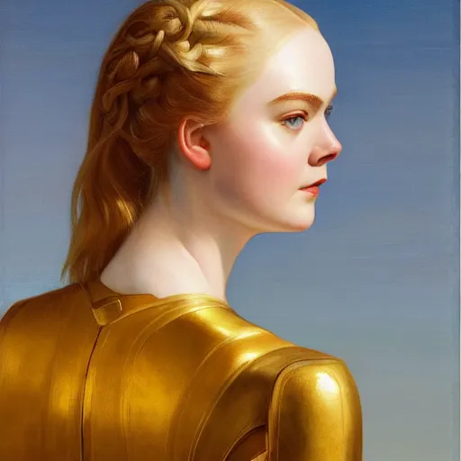 Image similar to Elle Fanning as an Android, oil on canvas, golden hour, artstation, by J. C. Leyendecker and Peter Paul Rubens,
