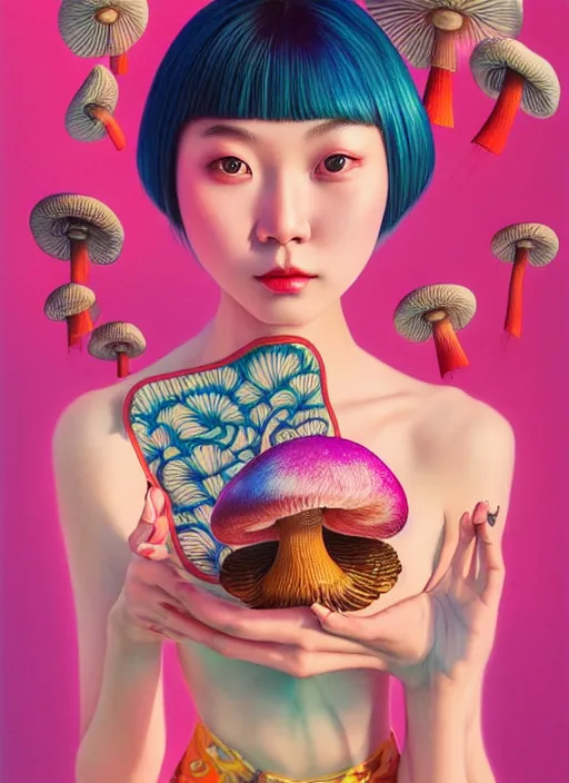 Image similar to pretty chinese girl holds hallucination mushroom : : by martine johanna and simon stalenhag and chie yoshii and casey weldon and wlop : : ornate, dynamic, particulate, rich colors, intricate, elegant, highly detailed, centered, artstation, smooth, sharp focus, octane render, 8 k