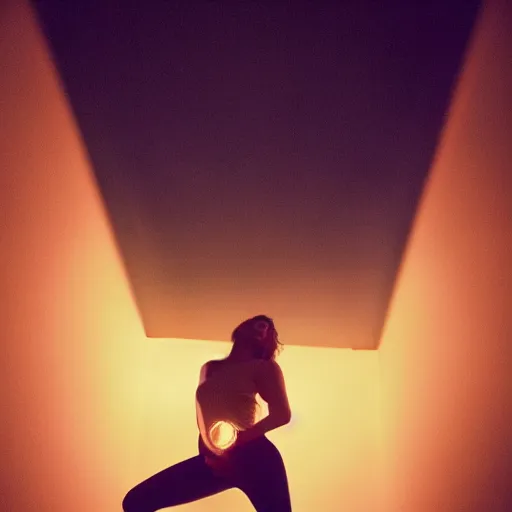 Image similar to photo of a beautiful woman lit from below with turquoise light and from above with golden orange light in the style of mandy moores in my pocket music video