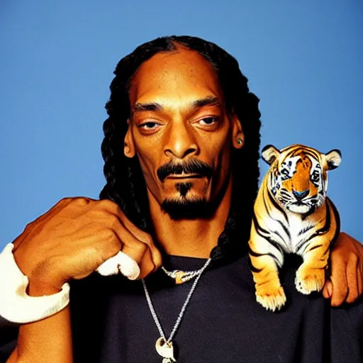 Prompt: Snoop Dogg holding a tiger for a 1990s sitcom tv show, Studio Photograph, portrait, C 12.0
