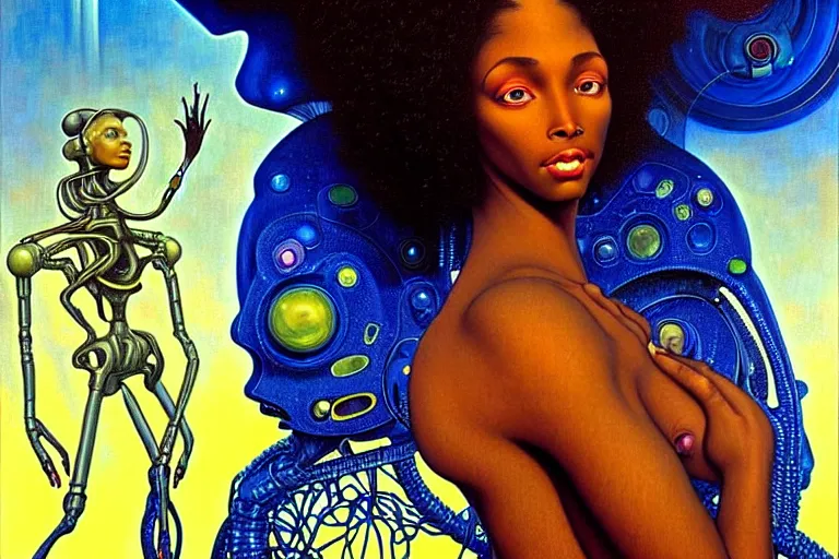 Image similar to realistic extremely detailed portrait painting of a beautiful black woman with a robot, futuristic sci-fi landscape on background by Jean Delville, Amano, Yves Tanguy, Mark Brooks, Alphonse Mucha, Ernst Haeckel, Edward Robert Hughes, Roger Dean, rich moody colours, blue eyes