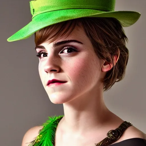 Prompt: Emma Watson wearing fancy hat, glasses, green hair, photorealistic, 8, photo, very detailed