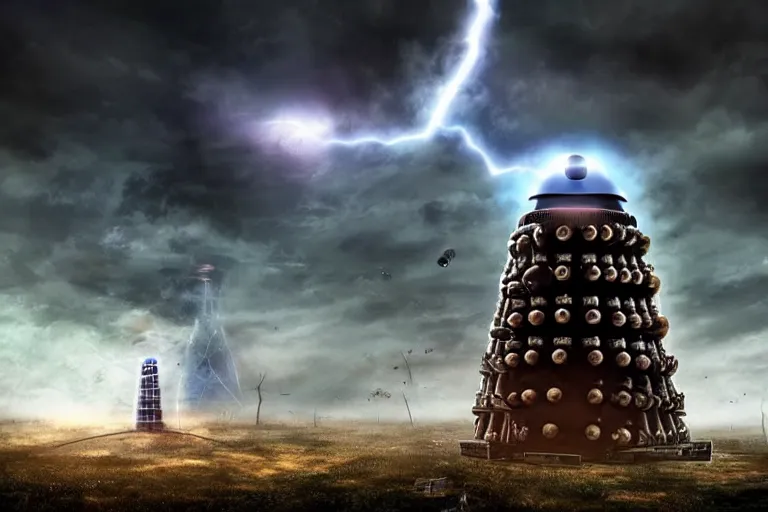 Image similar to colossal Dalek towering over village shooting lasers, houses, trees, looking down, realistic, post apocalyptic style, tornadoes, dark clouds, hyper realistic, wide angle