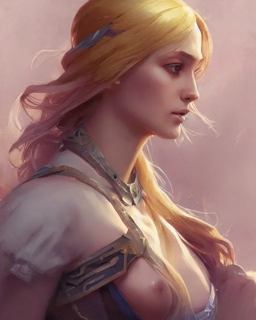 Prompt: '' Portrait of Beautiful blonde Slavic woman, league of legends, LOL, fantasy, d&d, digital painting, artstation, concept art, sharp focus, illustration, art by greg rutkowski and alphonse mucha ''