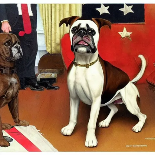 Prompt: boxer dog boxing Donald trump in the style of Norman Rockwell