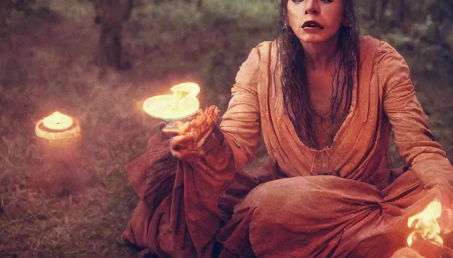 Image similar to movie still by alejandro jodorowsky, portrait of a multicultural beautiful female shamanic cult magician, performing a ritual to manifest dreams, magic details, cinestill 8 0 0 t eastmancolor technicolor, high quality, very detailed, heavy grain, fine facial features, 8 k, octane render