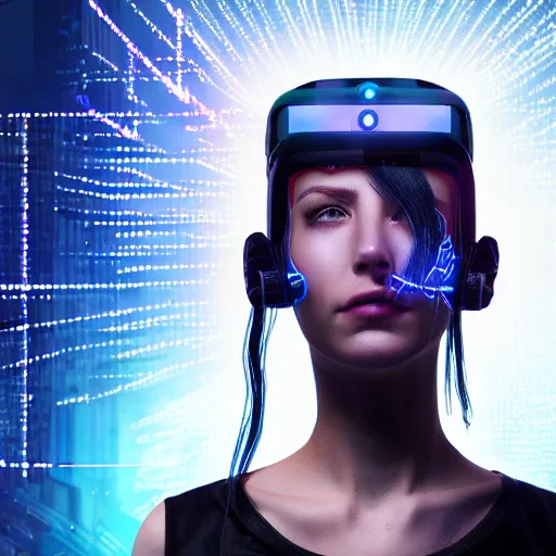 Prompt: a cyberpunk girl with a scifi neuralink device on her head,