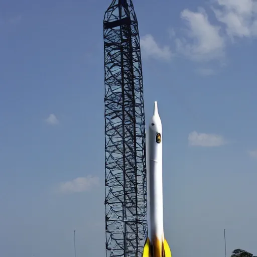 Prompt: a banana rocket on launch pad at wenchang space launch site