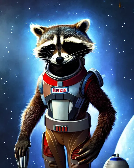 Prompt: detailed illustration of furry rocket the raccoon standing in the hallway of a space ship from guardians of the galaxy, wearing mass effect armor, holding a rocket launcher, soft volumetric lighting, cinematic, wlop, artgerm, craig mullins, disney, pixar, closeup portrait, confident action pose, octane