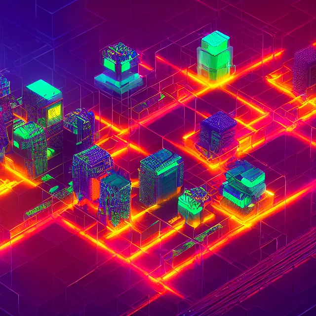 Image similar to 3 d render of glowing futuristic voxel abstract blocks tied together with chains, abstract cubes connected with wires, in the distance a cyberpunk blockchain city is seen, blockchain, symmetry, painted, intricate, volumetric lighting, beautiful, rich deep colors masterpiece, sharp focus, ultra detailed, in the style of dan mumford and marc simonetti