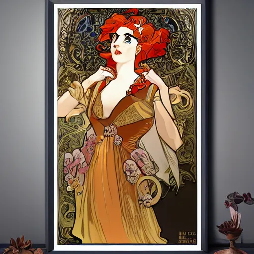 Prompt: Art nouveau vertical poster of a gorgeous redheaded woman with glasses wearing a flower dress, elegant pinup, in the style of Alphonse Mucha