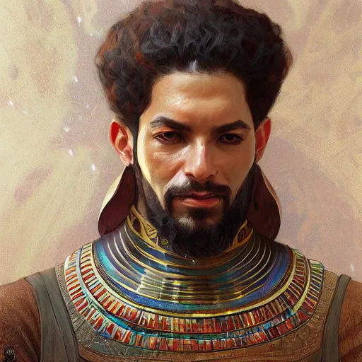 Image similar to egyptian nobleman, portrait, D&D, fantasy, highly detailed, digital painting, artstation, concept art, sharp focus, illustration, art by artgerm and greg rutkowski and alphonse mucha